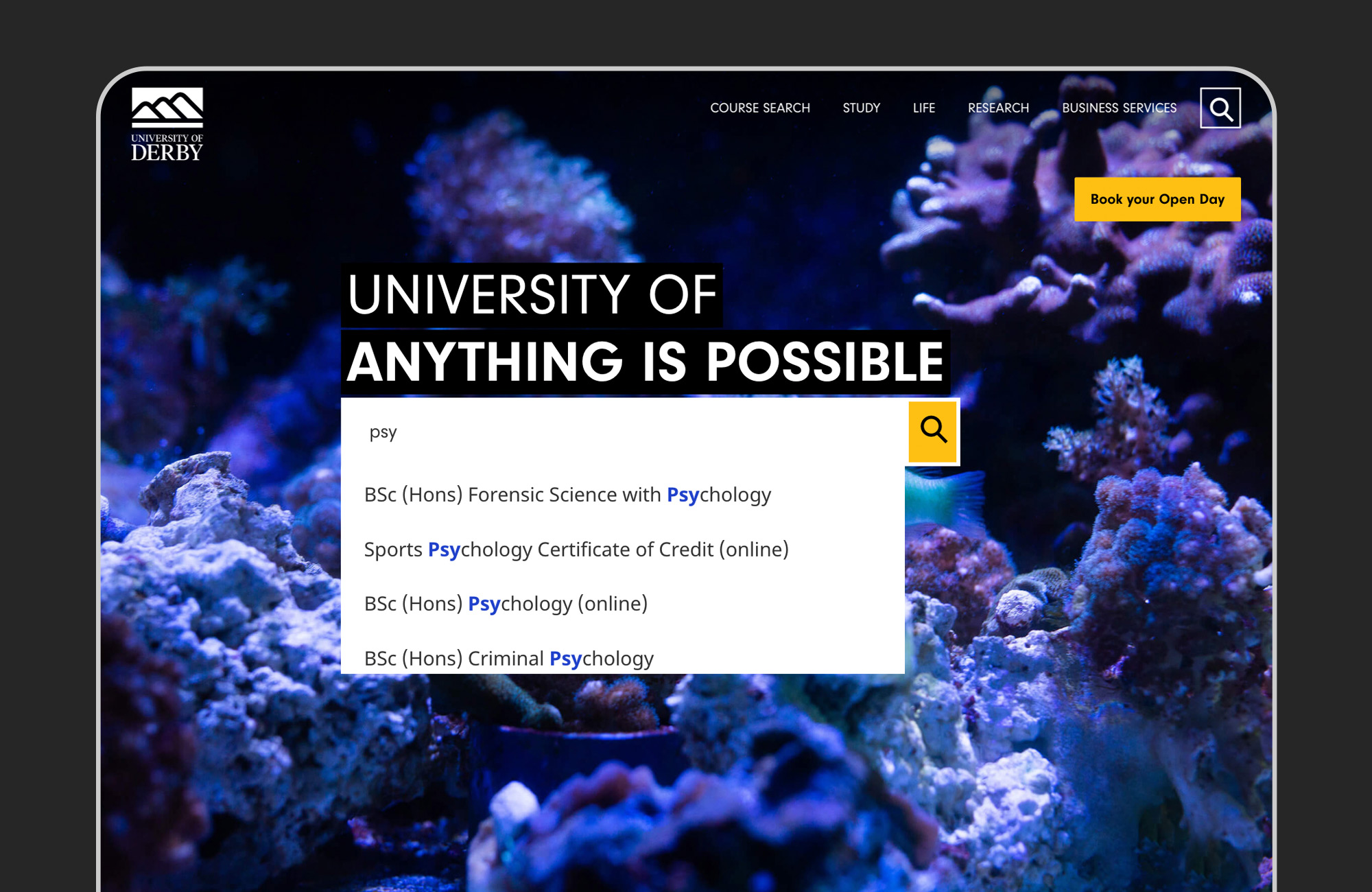 University of Derby website screenshot