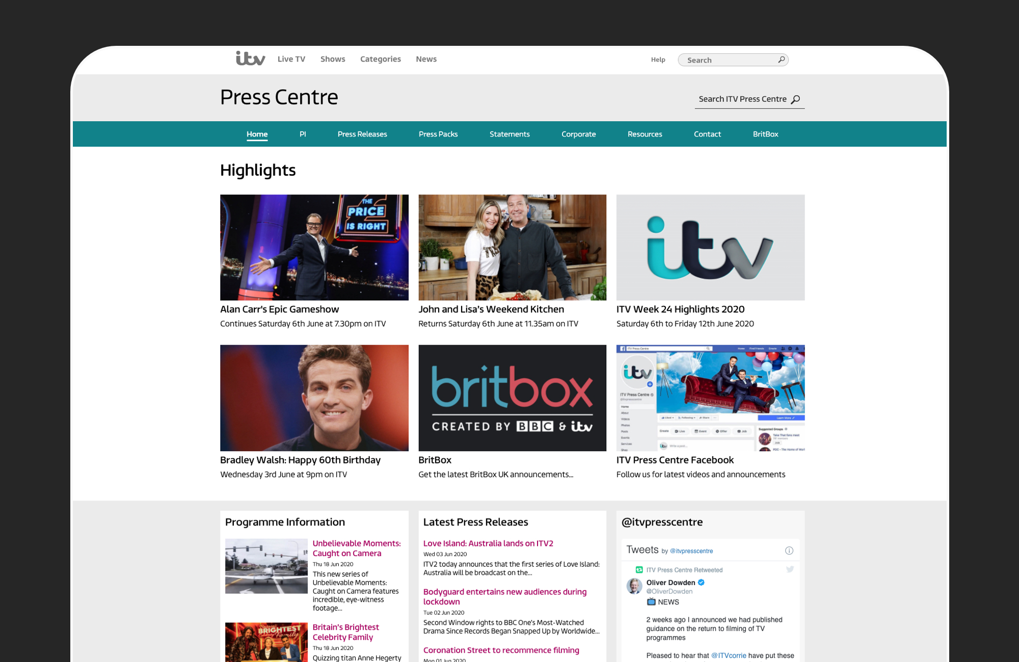 ITV Press Centre website screenshot